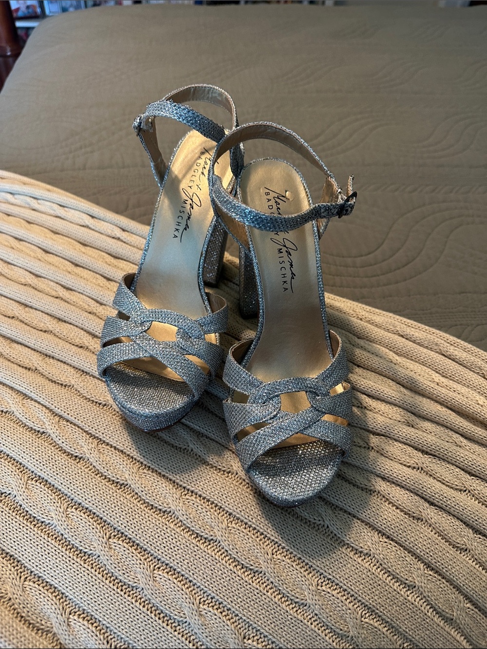 Badgley Mischka Silver Glitter Open-Toe Ankle Strap Heels